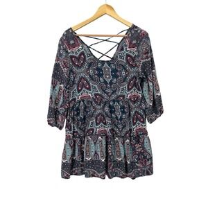 Umgee Top Shirt Blouse Womens L Paisley Boho Peasant Hippie Eclectic Flowy Retro